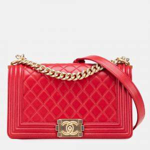 Pre Owned Chanel Red Old Medium Quilted Lambskin Boy Flap