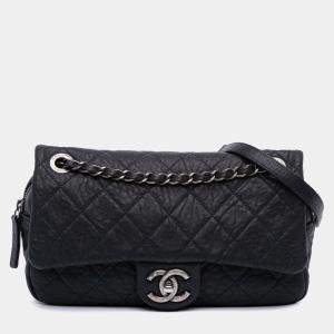 Chanel Navy Blue Small Quilted Distressed Calfskin Easy Flap