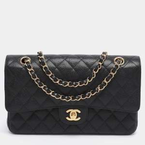 Pre Owned Chanel Black Quilted Caviar Leather Medium Classic Double Flap Bag