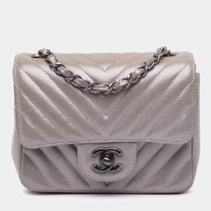 Chanel Brown Mini Square Classic Chevron Iridescent Calfskin Single Flap
