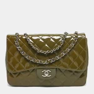 مملوكة مسبقًا Chanel Green Quilted Patent Leather Jumbo Classic Single Flap Bag