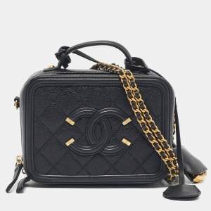 Chanel Black Quilted Caviar Leather Small CC Filigree Vanity Case Bag