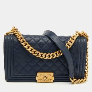 Chanel Navy Blue Quilted Caviar Leather Medium Boy Bag