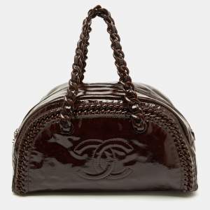 Pre Owned Chanel Dark Brown Patent Leather Large Luxe Ligne Bowler Bag