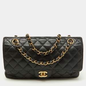 Pre Owned Chanel Black Quilted Caviar Leather Medium Classic Double Flap Bag