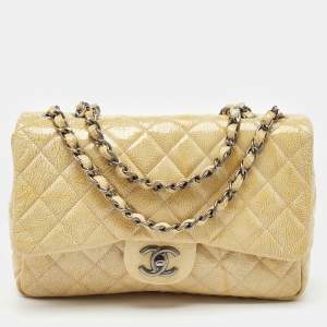 Pre Owned Chanel Yellow Quilted Pattern Patent Leather Jumbo Classic Single Flap Bag
