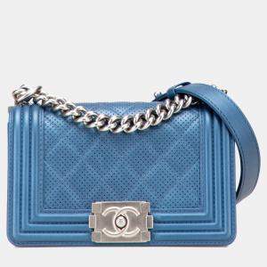 Pre Owned Chanel Blue Small Quilted Perforated Metallic Lambskin Boy Flap