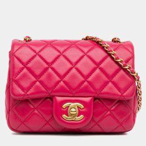 Pre Owned Chanel Classic Pearl Crush Single Flap Mini Square Lambskin Shoulder Bag