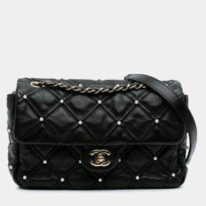Pre Owned Chanel Medium Pearl Studs Flap Black Quilted Lambskin Shoulder Bag