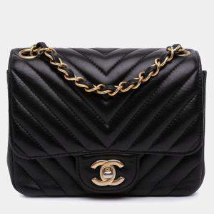 Pre Owned Chanel Black Mini Square Classic Chevron Lambskin Single Flap Bag