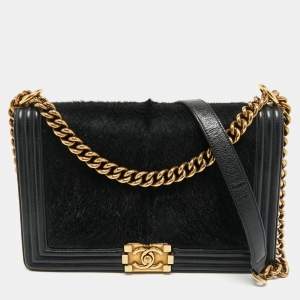 Chanel Black Calf Hair and Leather New Medium Boy Flap Bag