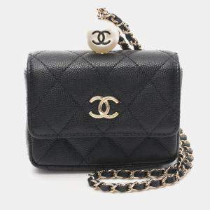 Chanel Matelasse Chain Flap Coin Purse Wallet/Coin Case Wallet Leather Faux Pearl Black