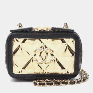 Pre Owned Chanel Plate Vanity Mini Black/Gold Lambskin Shoulder Bag