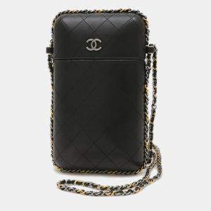 Pre Owned Chanel Coco Mark Phone Holder Black Lambskin Shoulder Bag