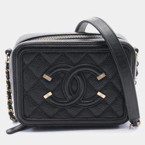 Pre Owned Chanel CC Filigree Mini Vanity Black Leather Shoulder Bag
