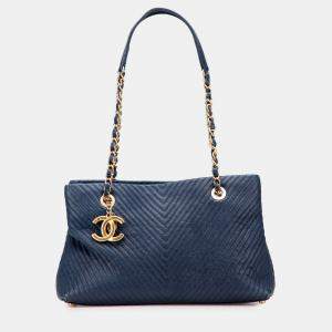 Chanel Blue Medium Chevron Wrinkled Lambskin Medallion Charm Tote