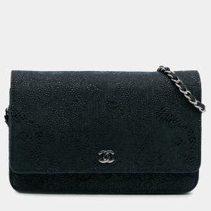 Pre Owned Chanel Blue Lace Overlay Goatskin Wallet On Chain