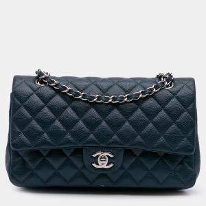 Pre Owned Chanel Blue Medium Classic Caviar Double Flap