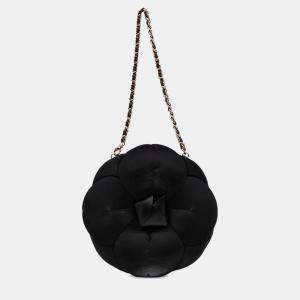 Pre Owned Chanel Black Lambskin and Satin Camellia Flower Evening Bag