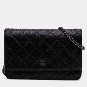 Pre Owned Chanel Black CC Quilted Crinkled Patent Wallet On Chain