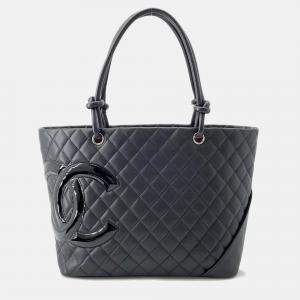 Chanel Cambon Line Tote Bag Black Leather Size Large