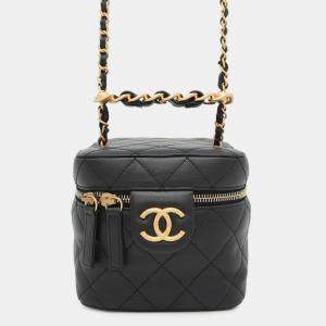 Pre Owned Chanel Vanity Shoulder Bag Black Lambskin Size Small