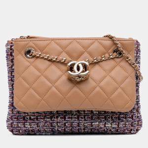 Chanel Brown Quilted Lambskin and Tweed Double Case with Chain