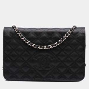 Chanel Black CC Embossed Calfskin Diamond Wallet On Chain