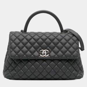 Pre Owned Chanel Grey Large Quilted Caviar Coco Top Handle Bag
