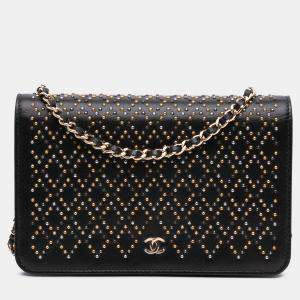 Pre Owned Chanel Black CC Studded Lambskin Wallet on Chain