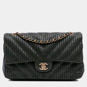 Pre Owned Chanel Black Medium Chevron Calfskin Coco Pleats Double Flap
