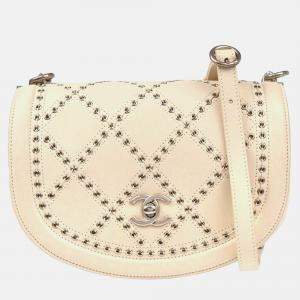 Pre Owned Chanel Coco Eyelets Round White Calfskin Flap Shoulder Bag