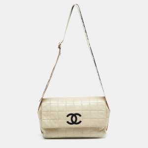 Pre Owned Chanel Cream Choco Bar Leather Sport Ligne Flap Shoulder Bag
