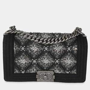 Pre Owned Chanel Black Jersey Strass Old Medium Boy Bag