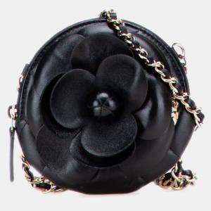 Pre Owned Chanel Black Mini CC Lambskin Camellia Bouquet Round Clutch on Chain