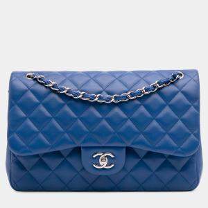 Pre Owned Chanel Classic Jumbo Double Flap Blue Lambskin Leather Shoulder Bag