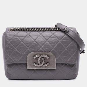 Pre Owned Chanel Square Flap Purple Quilted Aged Calfskin Leather Shoulder Bag