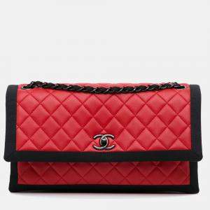 Pre Owned Chanel Quilted Two Tone Flap Red Lambskin and Grosgrain Leather Shoulder Bag