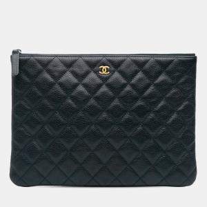 Chanel Navy Blue Medium Quilted Caviar O Case Clutch