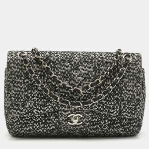 Pre Owned Chanel Black/Grey Quilted Tweed Jumbo Classic Double Flap Bag