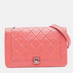 Pre Owned Chanel Pink Crumpled Calfskin Bi Quilted Vintage Full Flap
