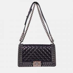 Pre Owned Boy Chanel Dark Navy Calfskin Medium Shoulder Bag