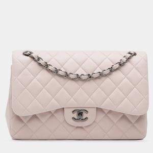 Pre Owned Chanel White Jumbo Classic Lambskin Double Flap Bag
