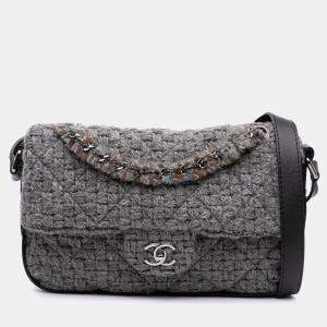 Pre Owned Chanel Black/Grey Quilted Wool and Calfskin Single Flap Bag