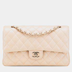 Pre Owned Chanel Beige Medium Classic Iridescent Caviar Double Flap Bag