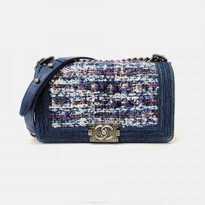 Pre Owned Chanel Multicolor Tweed Denim New Medium Boy Bag