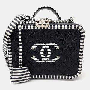 Chanel Black White Leather Caviar Cosmetic Tote and Shoulder Bag
