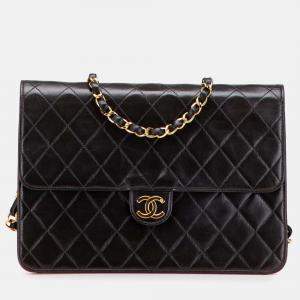 Pre Owned Chanel Black Medium CC Quilted Lambskin Half Single Flap