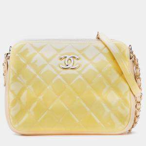 Pre Owned Chanel Yellow Quilted Patent Chain Double Zip Crossbody