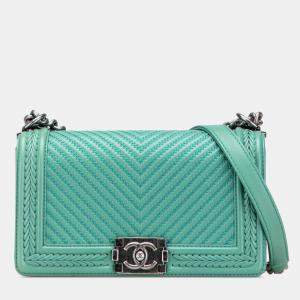 Chanel Green New Medium Braided Chevron Lambskin Boy Flap